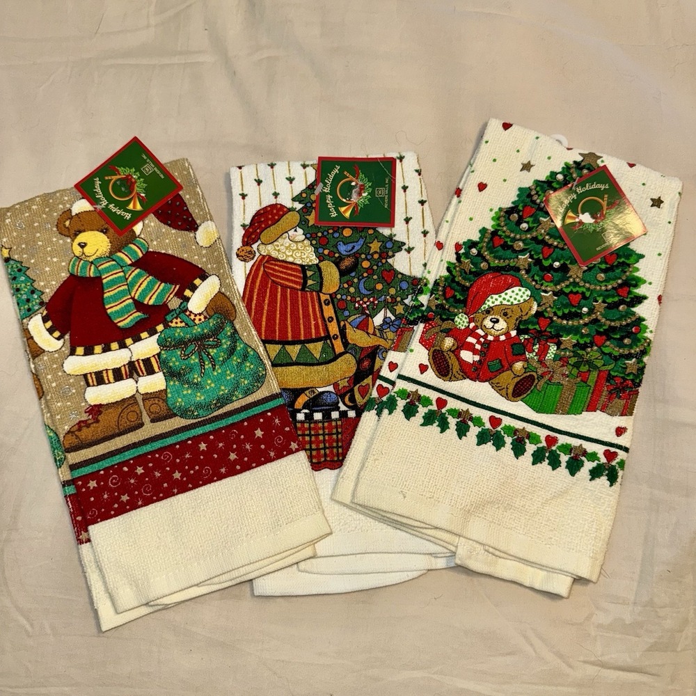 Vintage Christmas Kitchen Towels Set of 3 Dish Towels New Santa Teddy Bear Tree